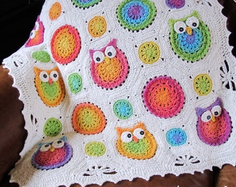 CROCHET PATTERN - Owl Obsession - crochet blanket pattern, owl afghan pattern, colorful crochet owl baby blanket pattern - PDF Download