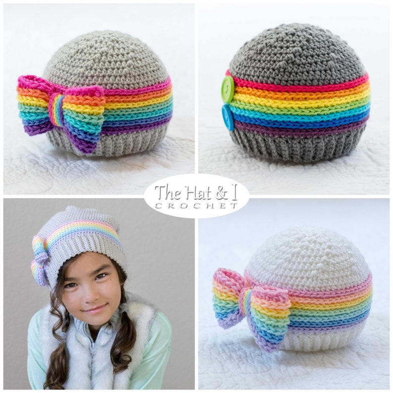 Crochet Hat PATTERN Rainbow Reflections Beanie crochet pattern for beanie slouch hat with bow 5 sizes Baby Adult PDF Download image 4