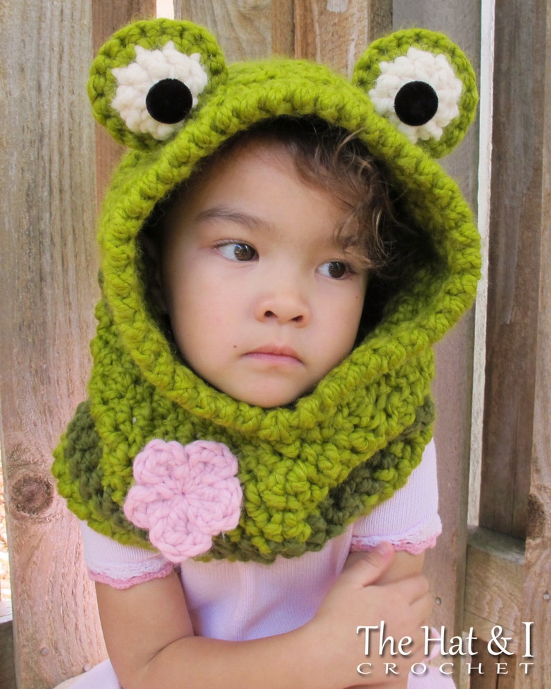 Crochet PATTERN Frog Fun crochet hood pattern, frog hooded cowl pattern, frog hat pattern 3 sizes Toddler Child Adult PDF Download image 4