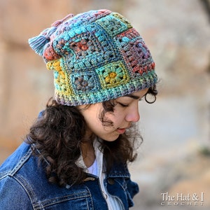 Pattern for a crochet hat. A Boho Style hat with different sized squares joined together to make a slouchy hat with tassels. Pattern includes 3 sizes from children to adults.