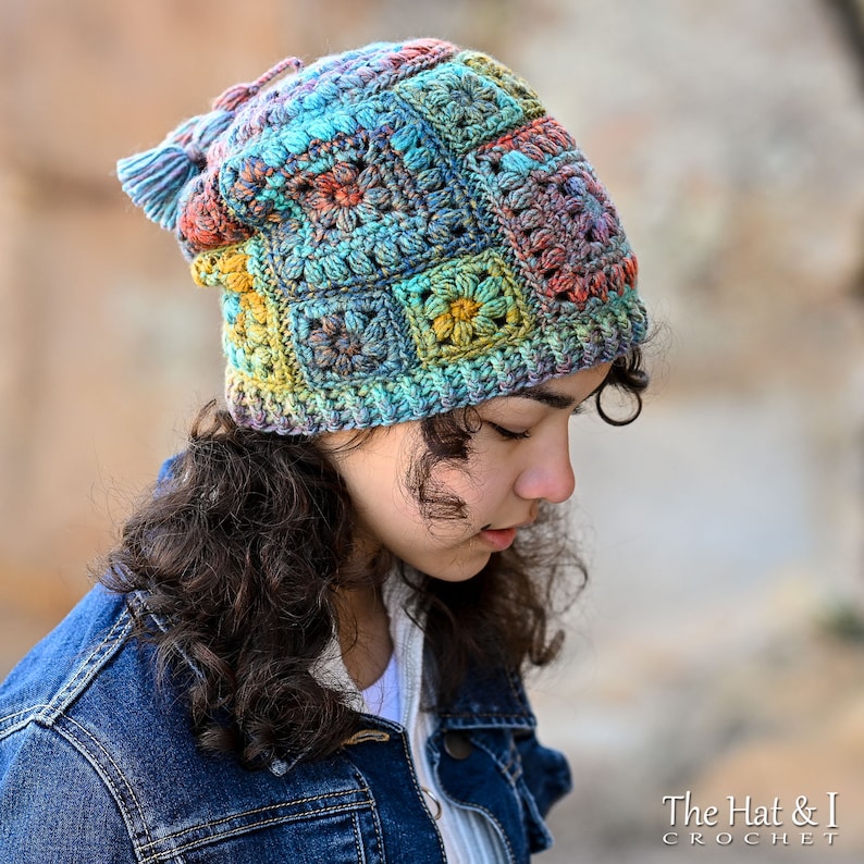 Pattern for a crochet hat. A Boho Style hat with different sized squares joined together to make a slouchy hat with tassels. Pattern includes 3 sizes from children to adults.