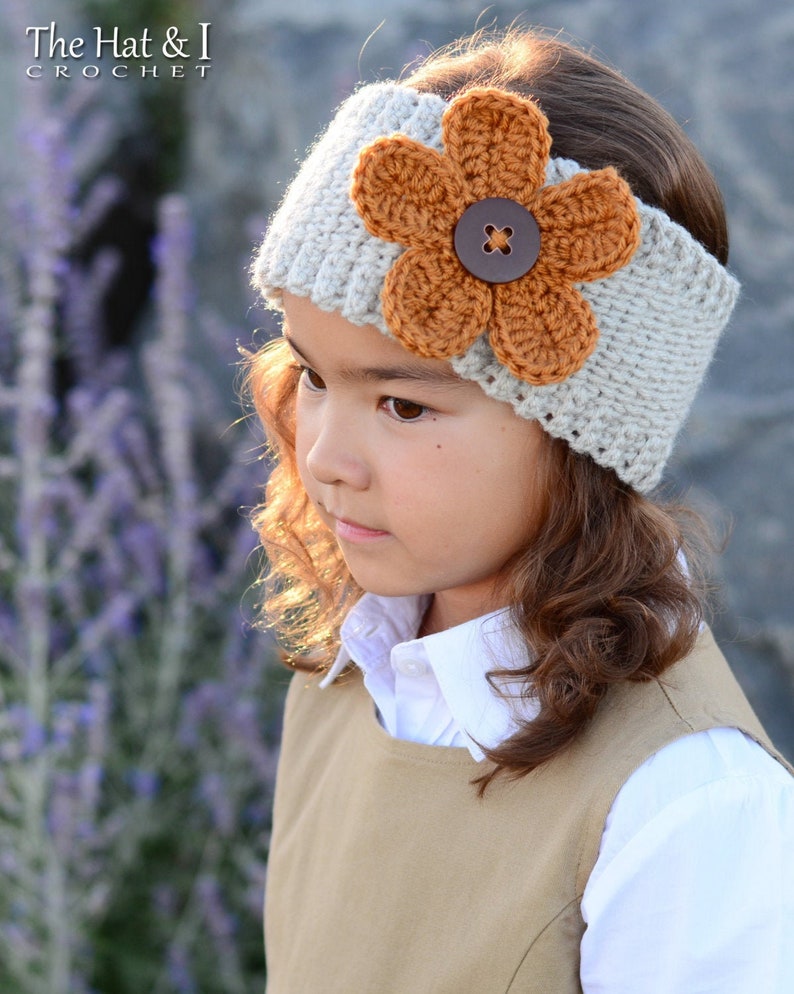 Crochet PATTERN Favorite Flower Warmer crochet headband pattern flower, head wrap pattern 5 sizes Baby Adult PDF Download image 1