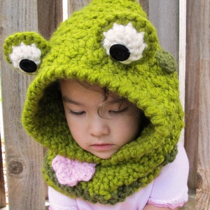 Crochet PATTERN Frog Fun crochet hood pattern, frog hooded cowl pattern, frog hat pattern 3 sizes Toddler Child Adult PDF Download image 1