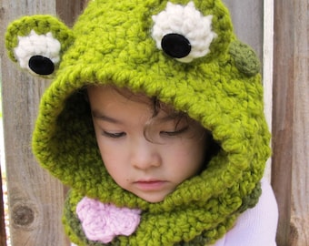 CROCHET PATTERN - Frog Fun - crochet hood pattern, frog hooded cowl pattern, frog hat pattern (3 sizes | Toddler Child Adult) - PDF Download