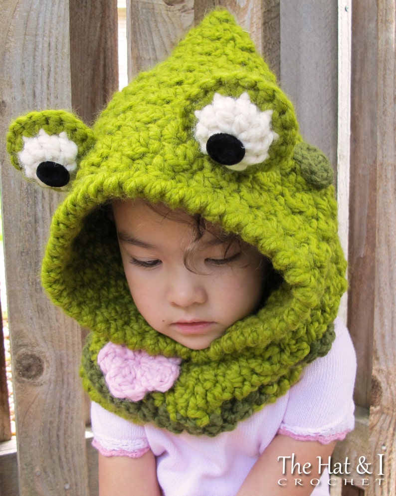 Crochet PATTERN Frog Fun crochet hood pattern, frog hooded cowl pattern, frog hat pattern 3 sizes Toddler Child Adult PDF Download image 1