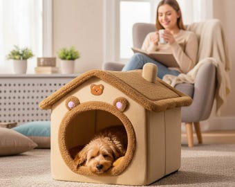 Cama acogedora para mascotas, para gatos y perros, casa de interior con cojín suave, refugio para mascotas, cama cálida de invierno para gatos y perros pequeños.