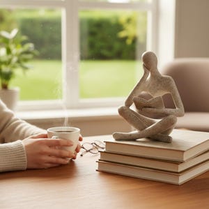 Pode incluir: Uma escultura em tons neutros de uma pessoa lendo um livro, sentada em cima de uma pilha de livros. Uma xícara de café fumegante em uma mesa de madeira. A cena é ambientada perto de uma janela com vista para a vegetação, criando uma atmosfera calma e convidativa.