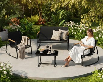 Conjunto de bistró moderno de acero: 2 sillas, banco y mesa para balcón, patio o terraza.