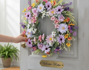 Corona de flores de primavera para la puerta principal, corona artificial de margaritas y tulipanes, decoración floral de verano para la puerta, adorno de pared estilo rústico.
