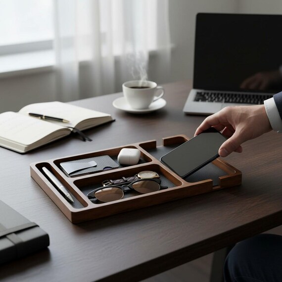 Solid Wood Desk Organizer Tray: Minimalist Office Storage for Phone, Keys, Wallet