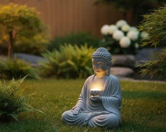 Estatua de Buda solar de resina para exteriores con luz LED