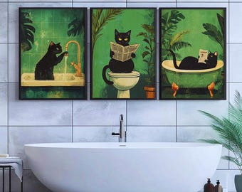 Láminas de baño de gato negro vintage: Juego de 3 de decoración retro para el hogar