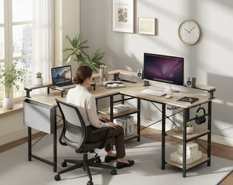 Escritorio esquinero en forma de L con estantes de almacenamiento, escritorio moderno para ordenador de oficina en casa.