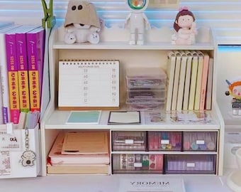 Estante organizador de escritorio rústico de madera para dormitorio u oficina: almacenamiento de papelería de 2 niveles.