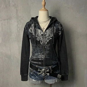 Gothic Skull Cross Zip Hoodie – Y2K Grunge Hoodie Women Vintage Dark Streetwear Jacket – Emo Goth Aesthetic Sweatshirt Black Zip Up Hoodie