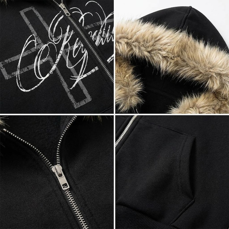 May include: Black zip-up hoodie with a faux fur-lined hood. The hoodie features a white graphic design on the front and a silver zipper. The design includes the text "Crazy" in a stylized font.
