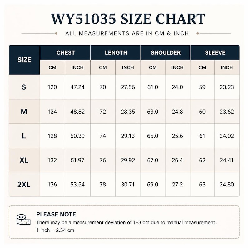 May include: A size chart labeled "WY51035 SIZE CHART" with measurements in both centimeters and inches. The chart details chest, length, shoulder, and sleeve measurements for sizes S, M, L, XL, and 2XL. A note indicates a possible 1-3 cm deviation.