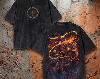 Vintage Balrog vs Gandalf T-Shirt - Acid Wash Streetwear Lord of the Rings Shirt - Moria Battle Graphic Tee - Aesthetic Oversized Medium