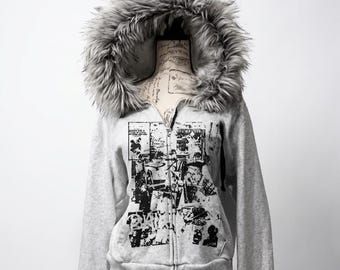 Y2K Grunge Hoodie mit Pelzkapuze und Reißverschluss, graue Gothic Streetwear, alternative Kleidung, Emo-Ästhetik, Vintage-Stil, Damen-Hoodie