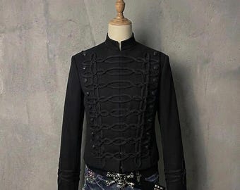 Black Military Hussar Jacket, Gothic Steampunk Mens Blazer, Parade Drummer Uniform, Emo Punk Rock stage Wear, Victorian Military Coat