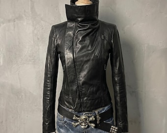 Avant-Garde High Collar Leather Jacket | Asymmetrical Zip Draped Moto Coat | Darkwear Cyberpunk Outerwear | Dystopian Goth Ninja Fashion
