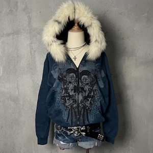 Bluza z kapturem Y2K Gothic z kapturem z futra, zapinana na zamek, niebieska, grunge, streetwear, alternatywna odzież, emo, estetyczna, vintage, damska, z kapturem