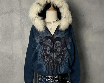 Y2K Gothic Hoodie met bontkraag en ritssluiting, blauw, grunge streetwear, alternatieve kleding, emo-esthetiek, vintage stijl, dameshoodie