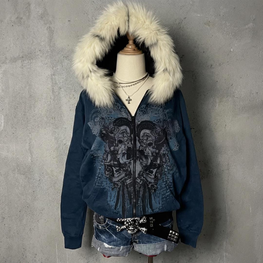 Y2k jacket with fur hoodie - Etsy 日本