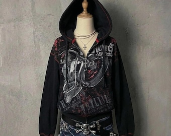 Y2K Graphic Zip-Up Hoodie | Grunge Streetwear Jacket | Distressed Punk Rock Motorcycle Aesthetic | Unisex Alt Fashion Sweatshirt