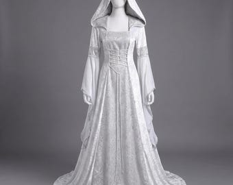 White Elven Dress with Hood, Lord of the Rings Cosplay, Fantasy Medieval Gown with Bell Sleeves, LARP Elf Costume, Celtic Wedding.