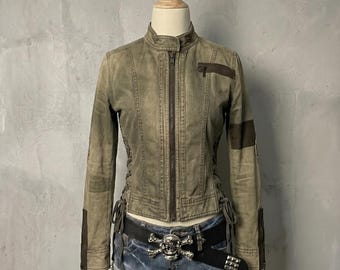 Y2K Grunge Fairycore Moto Jacket | Olive Green Utility Biker Jacket | Lace-Up Corset Sides | Vintage Distressed Military Cybercore Outerwear