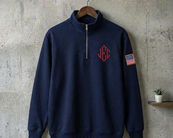 Custom Monogram Quarter Zip Pullover, Personalized Navy Sweatshirt with USA Flag Patch, Preppy Old Money Aesthetic Sweater, Groomsmen Gift