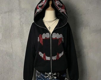 Y2K Gothic Vampire Hoodie Rhinestone Zip Up Black Hoodie Grunge Aesthetic Jacket Harajuku Streetwear Women Men Skull Goth Sweatshirt