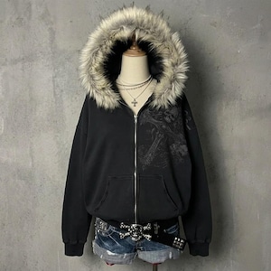 Y2K Bont Capuchon Jas Zwart Ritssluiting Hoodie Gothic Grunge Jas Winter Streetwear Harajuku Esthetiek Oversized Faux Bont Capuchon Jas
