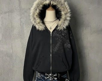 Y2K Fur Hood Jacket Black Zip Up Hoodie Gothic Grunge Coat Winter Streetwear Harajuku Aesthetic Oversized Faux Fur Hood Jacket