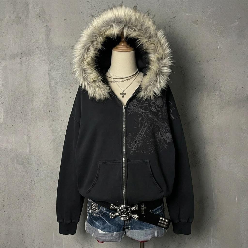 ブラックファー付き アウター y2k Y2k jacket with fur hoodie - Etsy 日本