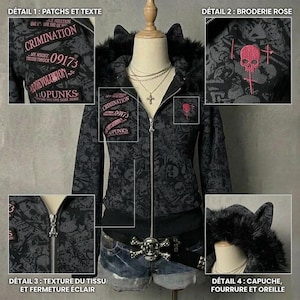 K&ouml;nnte beinhalten: Schwarzer Kapuzenpullover mit Totenkopfmuster und Aufn&auml;hern mit der Aufschrift "CRIMINATION", "09173" und "REVOLUTION". Der Hoodie hat eine mit Kunstfell gef&uuml;tterte Kapuze mit Katzenohren und eine Totenkopfstickerei.
