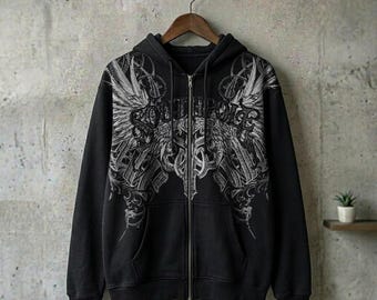 Y2K Cyber Grunge Full Zip Hoodie Vintage Southpole Style Wing Graphic Jacket | Gothic Cross Oversized Zip Up Sweatshirt |Cyberpunk Harajuku