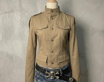 Y2K Khaki Military Jacket | Fitted Utility Coat for Women | Vintage Style Safari Jacket | Beige Cotton Canvas Cargo Coat | Edgy Outerwear