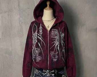 Cyber Y2K Trapstar Hoodie | Grunge Aesthetic Zip-Up | Gothic Dark Punk Jacket | Emo Alternative Streetwear | Vintage Dark Red Graphic Hoodie