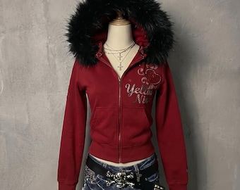 Y2K Red Fur Hooded Zip Up Hoodie, Vintage McBling Rhinestone Jacket, Cyber Grunge Aesthetic Sweatshirt, Yellow Nine Graphic Grunge Hoodie