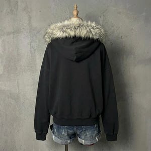 Y2K Bont Capuchon Jas Zwart Ritssluiting Hoodie Gothic Grunge Jas Winter Streetwear Harajuku Esthetiek Oversized Faux Bont Capuchon Jas afbeelding 4
