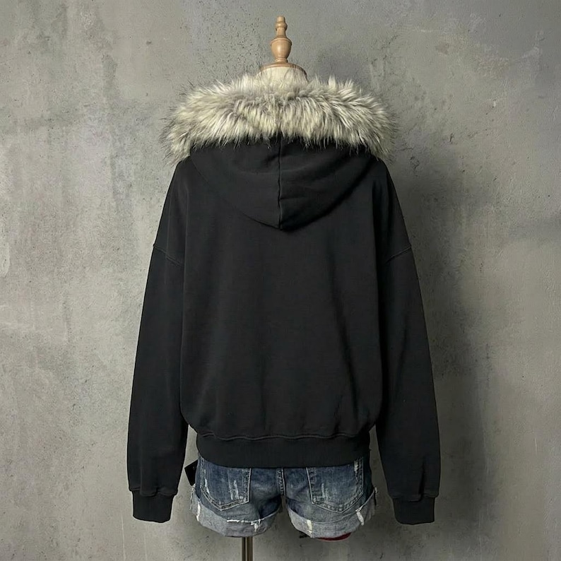 Y2K Bont Capuchon Jas Zwart Ritssluiting Hoodie Gothic Grunge Jas Winter Streetwear Harajuku Esthetiek Oversized Faux Bont Capuchon Jas afbeelding 4