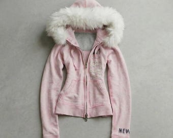 Roze hoodie met capuchon en rits van imitatiebont voor dames | Y2K roze hoodie | Sweatshirt met bontcapuchon | Leuke winterhoodie | Hoodie met rits in vintage stijl