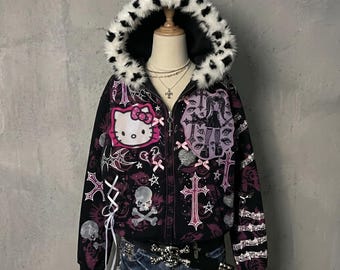 Cyber Y2K Grunge Zip Up Hoodie, Goth Punk Hello Kitty Aesthetic Sweatshirt, Alt Harajuku Oversized Jacket, Streetwear Mall Goth Hoodie