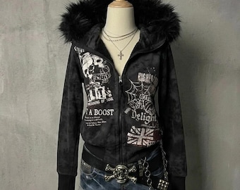 Y2K Grunge Hooded Jacket with Faux Fur Trim - Gothic Aesthetic Zip-Up Hoodie, Skull & Spider Web Graphic Sweatshirt, Vintage Streetwear Punk