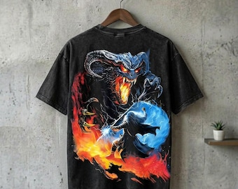 Lord of the Rings T-shirt - Balrog vs Gandalf - Oversized Washed Streetwear - Fantasy Graphic T-shirt - Geek Gift - Mineral Black