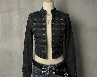 Y2K Gothic militaire jas voor dames, korte zwarte jas met knoopjes, grunge emo alternatieve jas, punk streetwear jas, jas in vintage-stijl