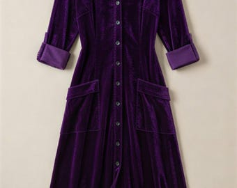 Purple/Green Velvet Midi Dress – Elegant Button Down Dress for Women – Elegant Velvet Dress with Pockets Fall Winter Outfit M L XL