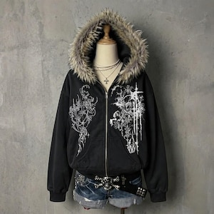Y2K Cyber Goth Faux Fur Zip-Up Hoodie | Gothic Graphic Oversized Sweatshirt | Grunge Alt Streetwear Hooded Jacket | Emo Punk Harajuku Style